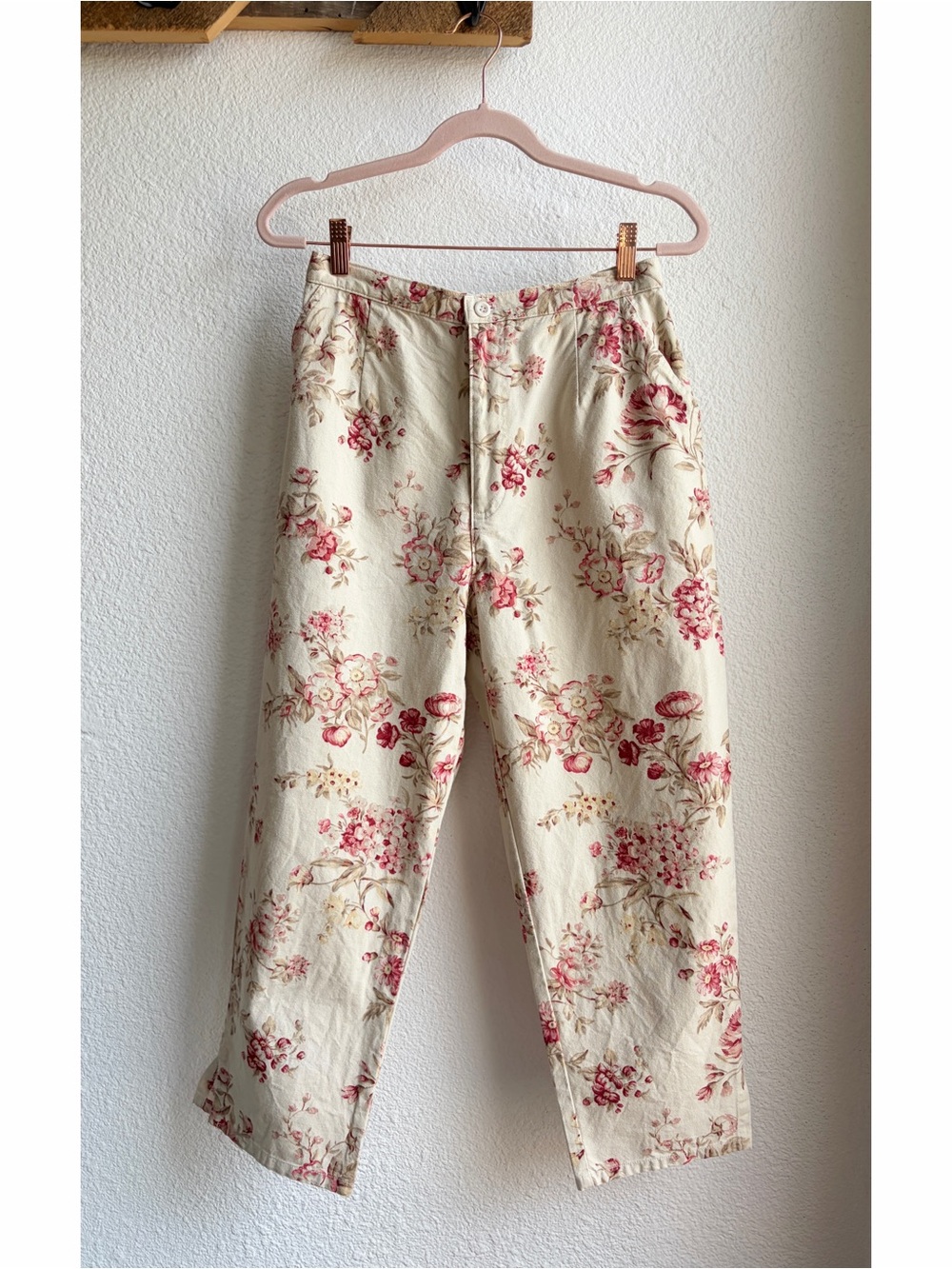 Y2K Cream Toile Floral Print Capri Pants 6